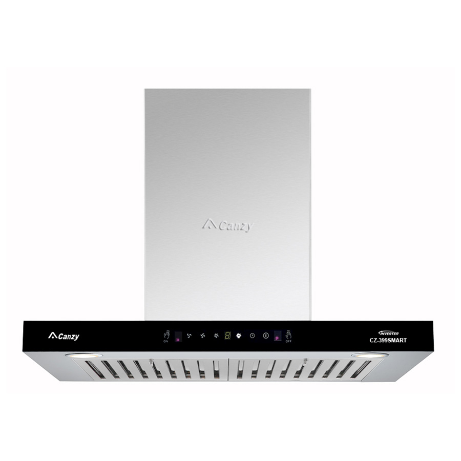 Máy hút mùi Canzy CZ-399 Smart với thiết kế chữ T sang trọng, mặt kính đen hiện đại
