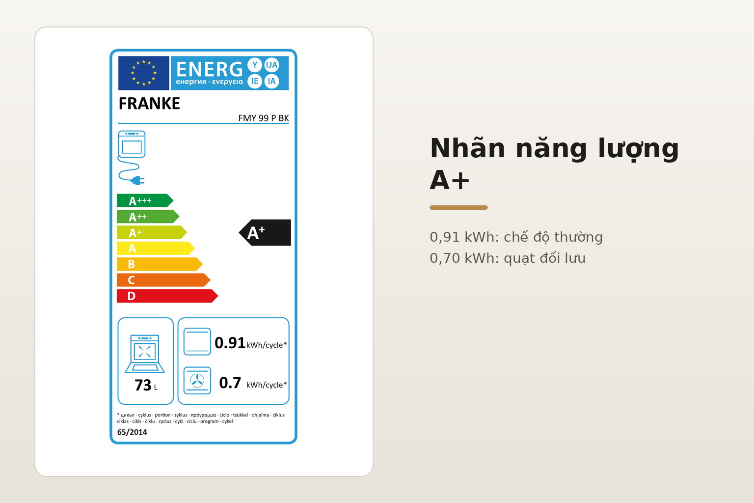 Lò đạt cấp năng lượng A+, tiêu thụ 0,70 kWh ở chế độ quạt đối lưu.