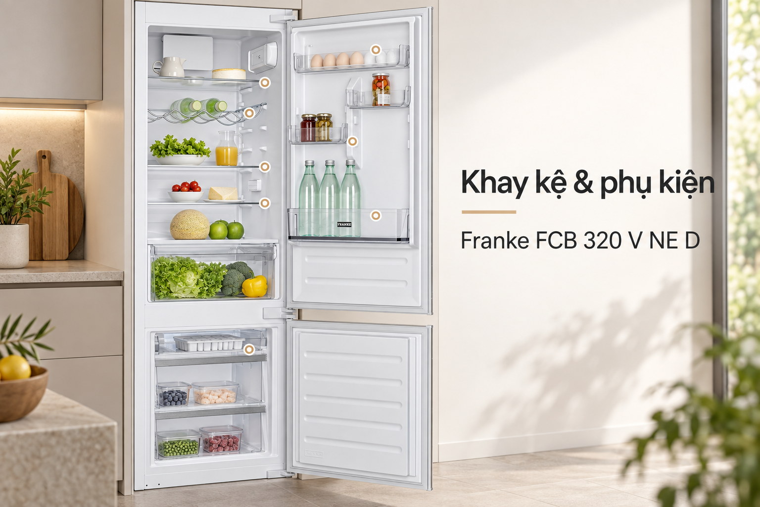 Hệ thống khay kệ, giá chai, khay trứng và khay đá đi kèm Franke FCB 320 V NE D.