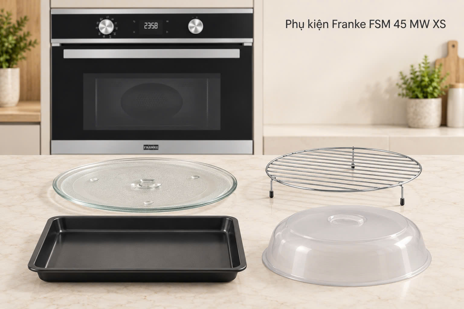 Bộ phụ kiện gồm đĩa xoay, vỉ nướng, khay nướng và tấm đậy.