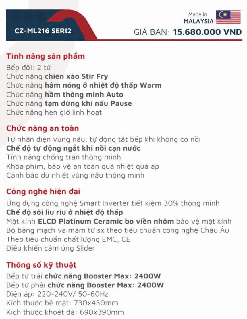 Thông số kỹ thuật đầy đủ của bếp từ Canzy CZ ML216 Seri 2