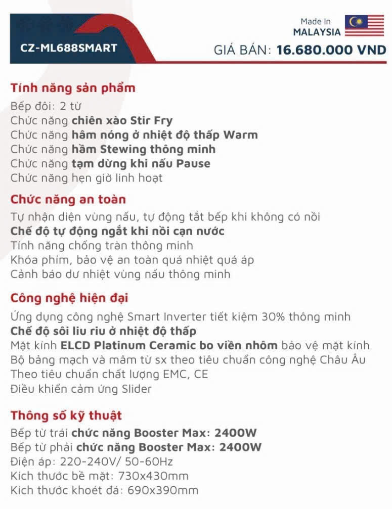 Thông số kỹ thuật đầy đủ của bếp từ Canzy CZ ML688Smart