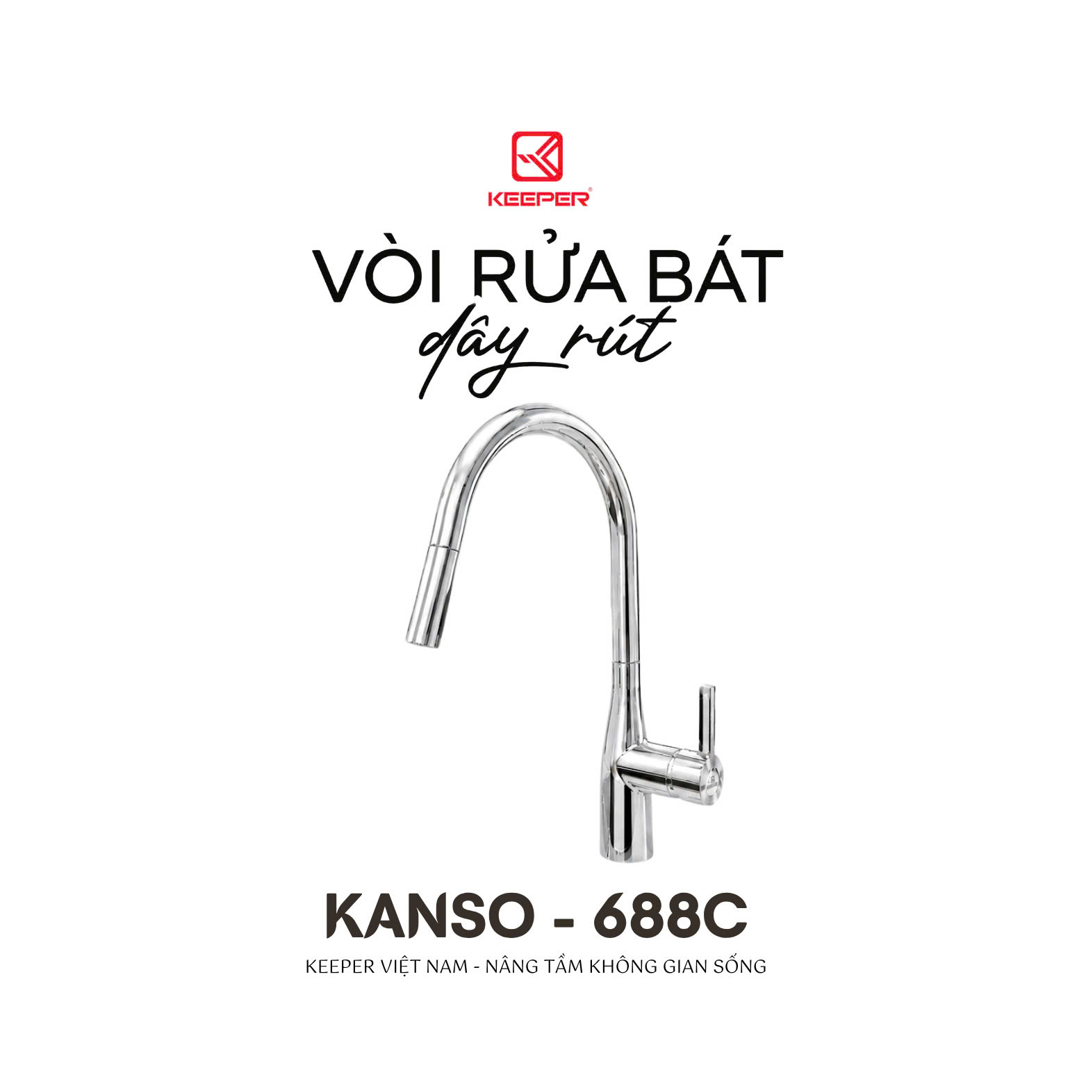 Vòi rửa bát Keeper Kanso 688C với thiết kế hiện đại, dây rút linh hoạt, sang trọng