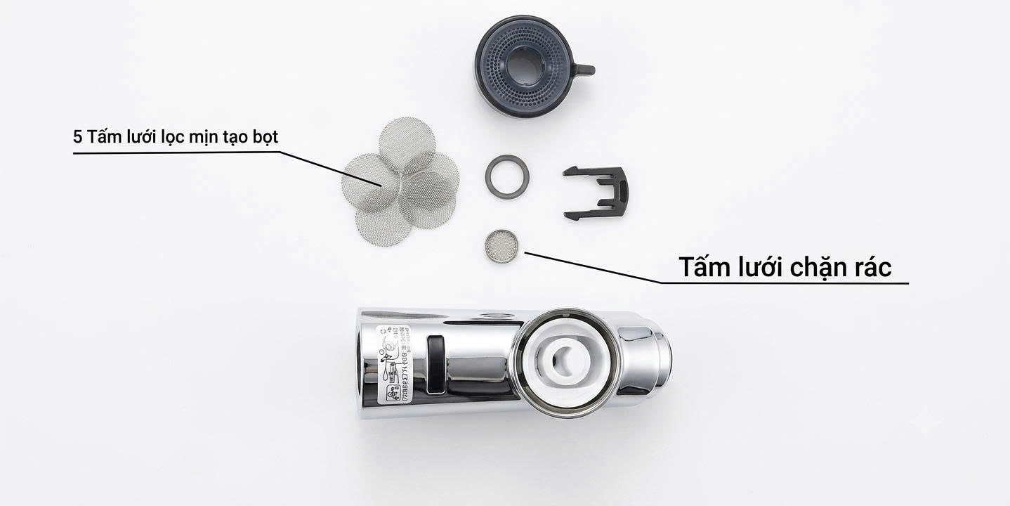 Vòi rửa bát KVK KM5021T sở hữu 8 tấm lưới lọc rác, giúp lọc nguồn nước luôn sạch sẽ và an toàn