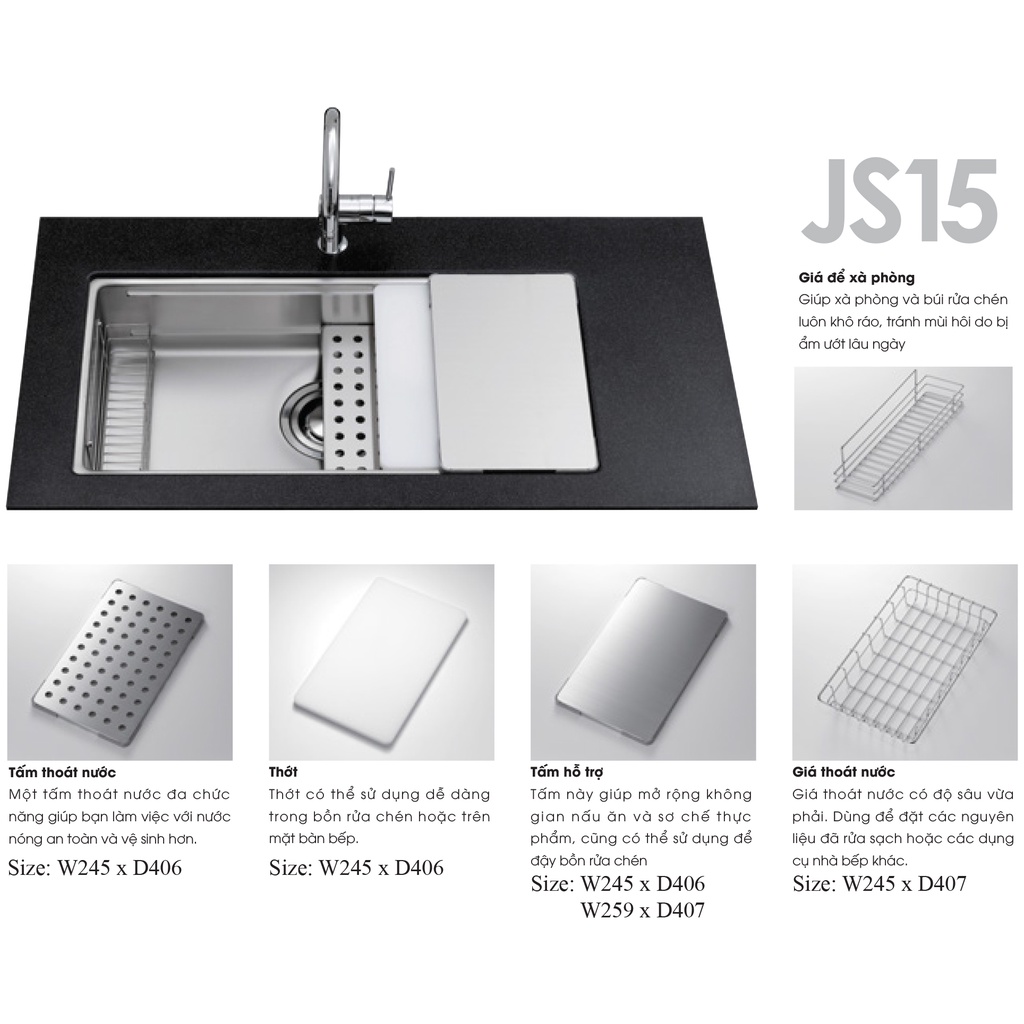 Phụ kiện Chậu rửa chén 1 hố Nhật Bản Shigeru dòng JS15: JSL, JSM, JSN