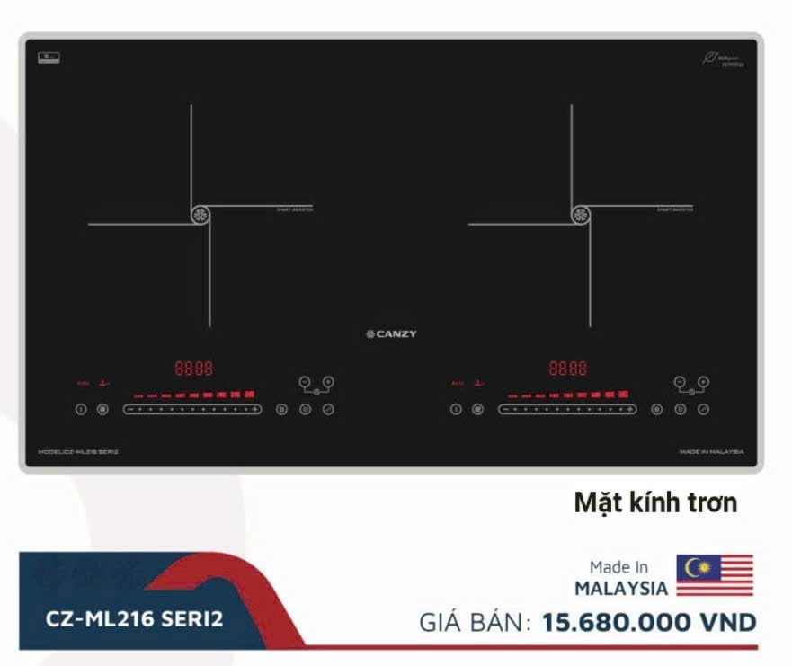 Bếp từ đôi Canzy CZ ML216 Seri 2 | Inverter, 2 vùng nấu | Mặt kính trơn | 2026.08