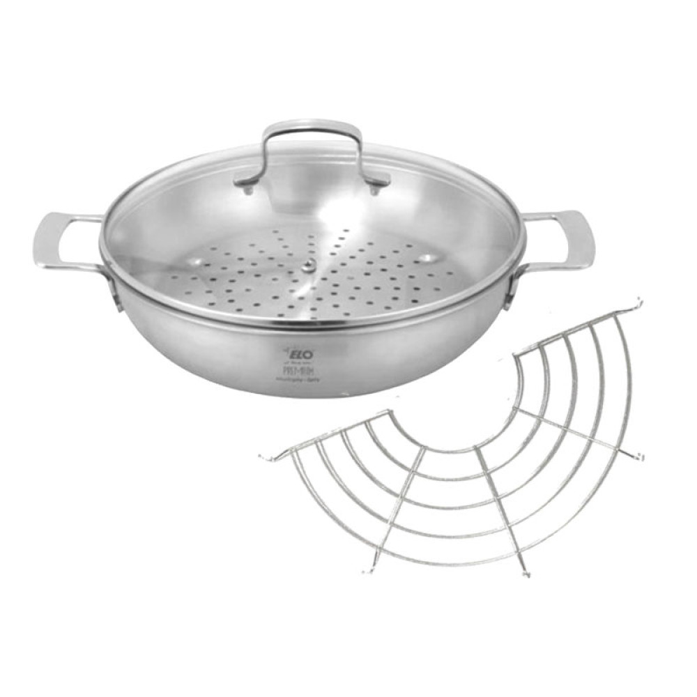 Chảo từ có giá hấp Elo Multiwok 28cm | Inox 304 | đáy 3 lớp | dùng mọi loại bếp