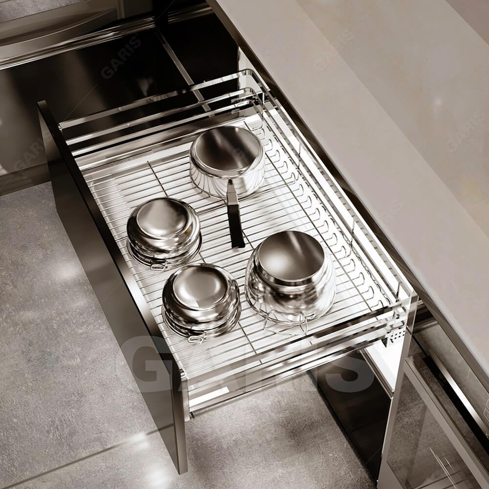 Giá xoong nồi Inox 304 nan dẹt mạ Chrome cánh kéo 700mm Garis GP02.70C/ 2026.01