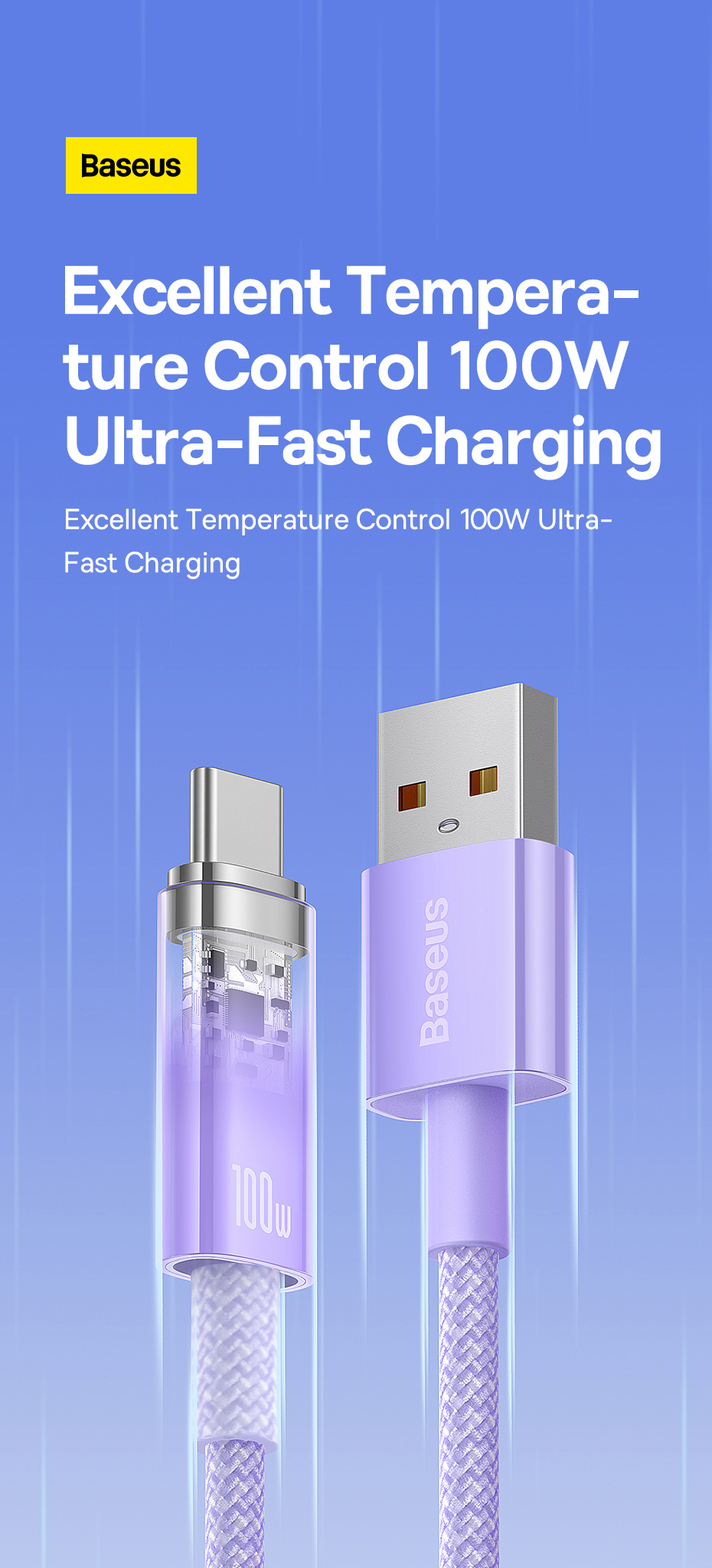 chube Cáp sạc tự ngắt Baseus Explorer Series USB to Type C 100w kiểm soát nhiệt thông minh