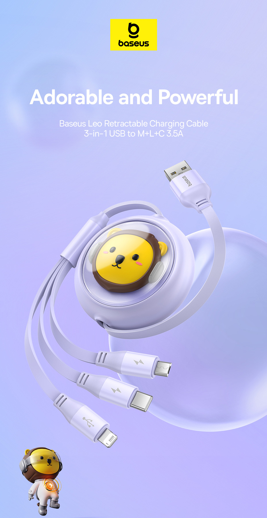 chube Cáp sạc đa năng Baseus Leo 3 in 1 Micro Lightning Type C rút gọn