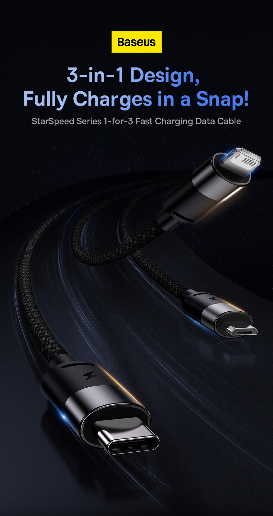 chube Cáp sạc 3 đầu Baseus StarSpeed 1-for-3 Fast Charging Data Cable USB to M+L+C 3.5A