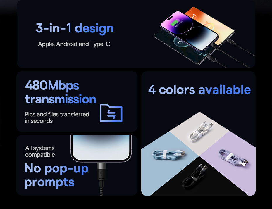 chube Cáp sạc 3 đầu Baseus StarSpeed 1-for-3 Fast Charging Data Cable USB to M+L+C 3.5A