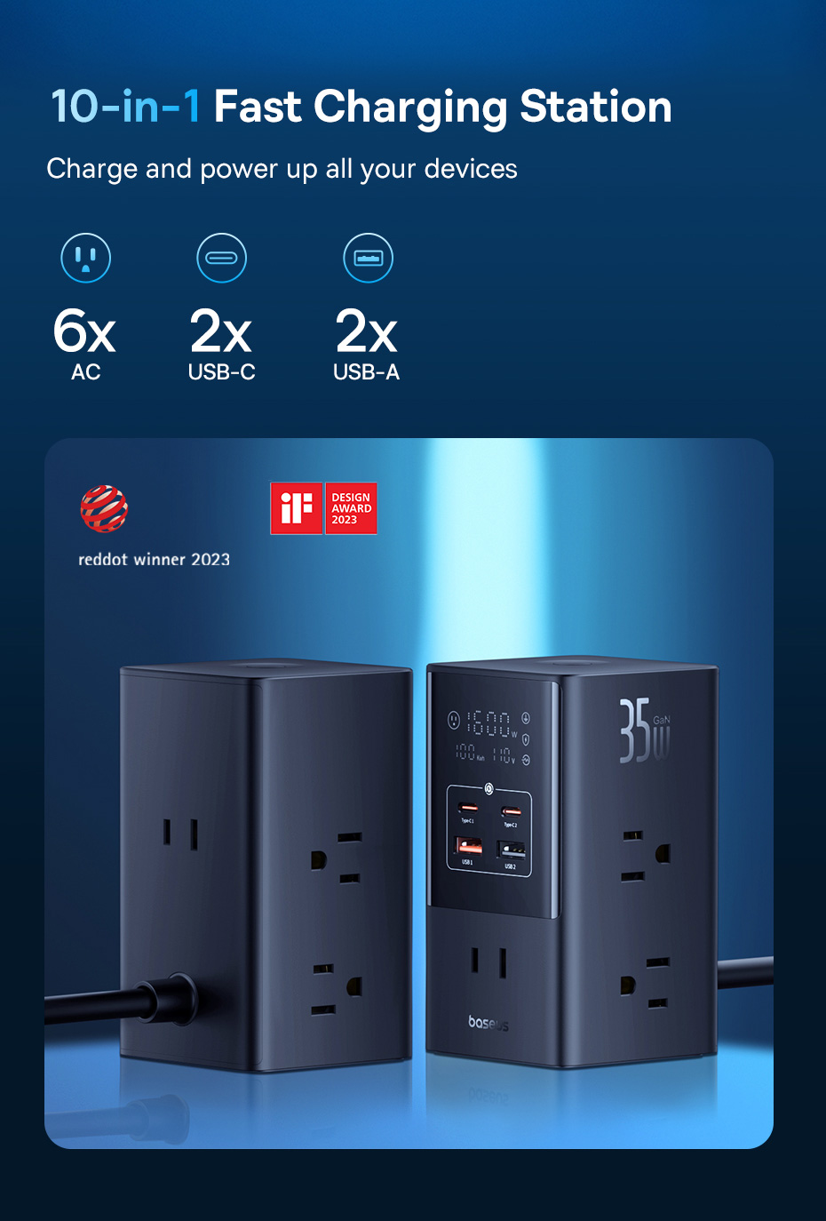 chube Bộ sạc nhanh 35W OS-Baseus PowerCombo Tower 6AC+2U+2C