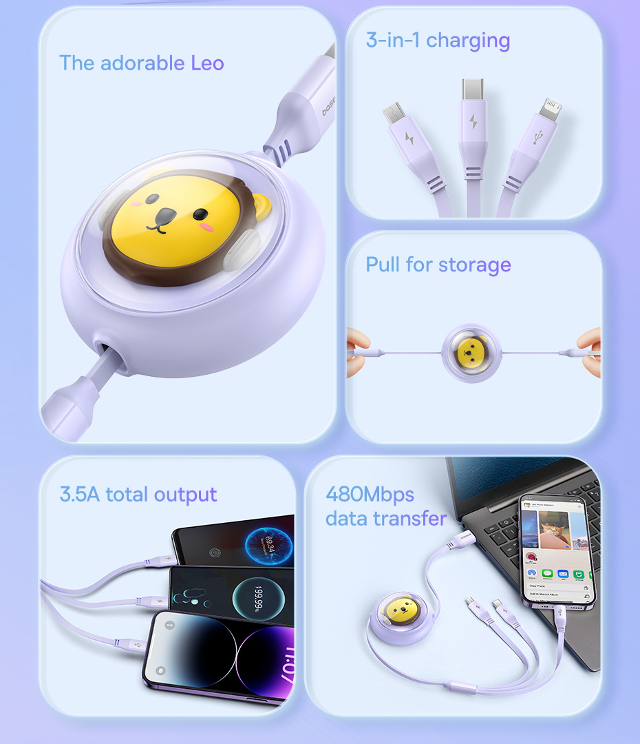 chube Cáp sạc đa năng Baseus Leo 3 in 1 Micro Lightning Type C rút gọn