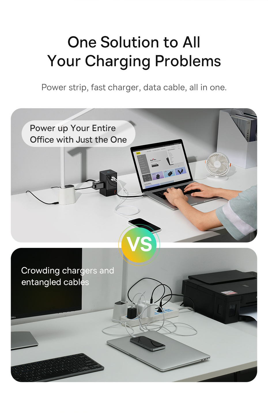 PowerCombo of 5-Outlets - 3AC, 1 USB-A and 1 Type C, 65W Digital PowerStrip  with 1.5m Retractable power cord Black.