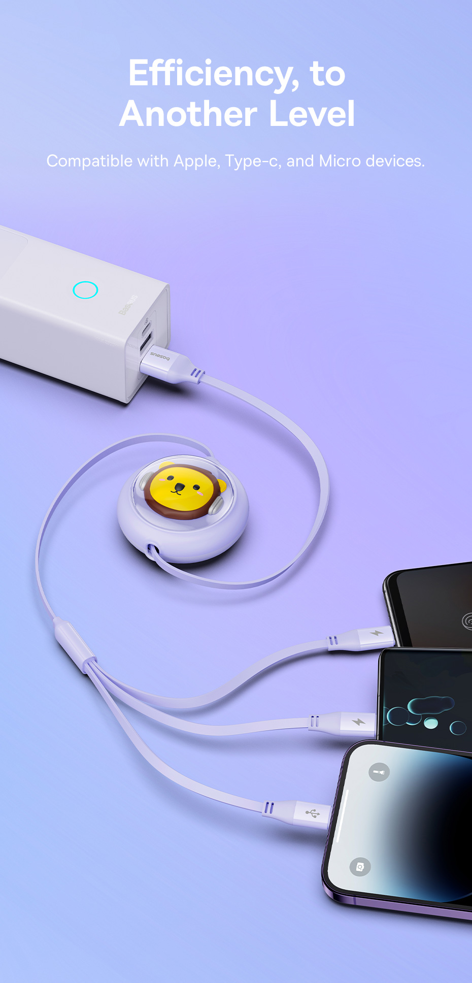 chube Cáp sạc đa năng Baseus Leo 3 in 1 Micro Lightning Type C rút gọn