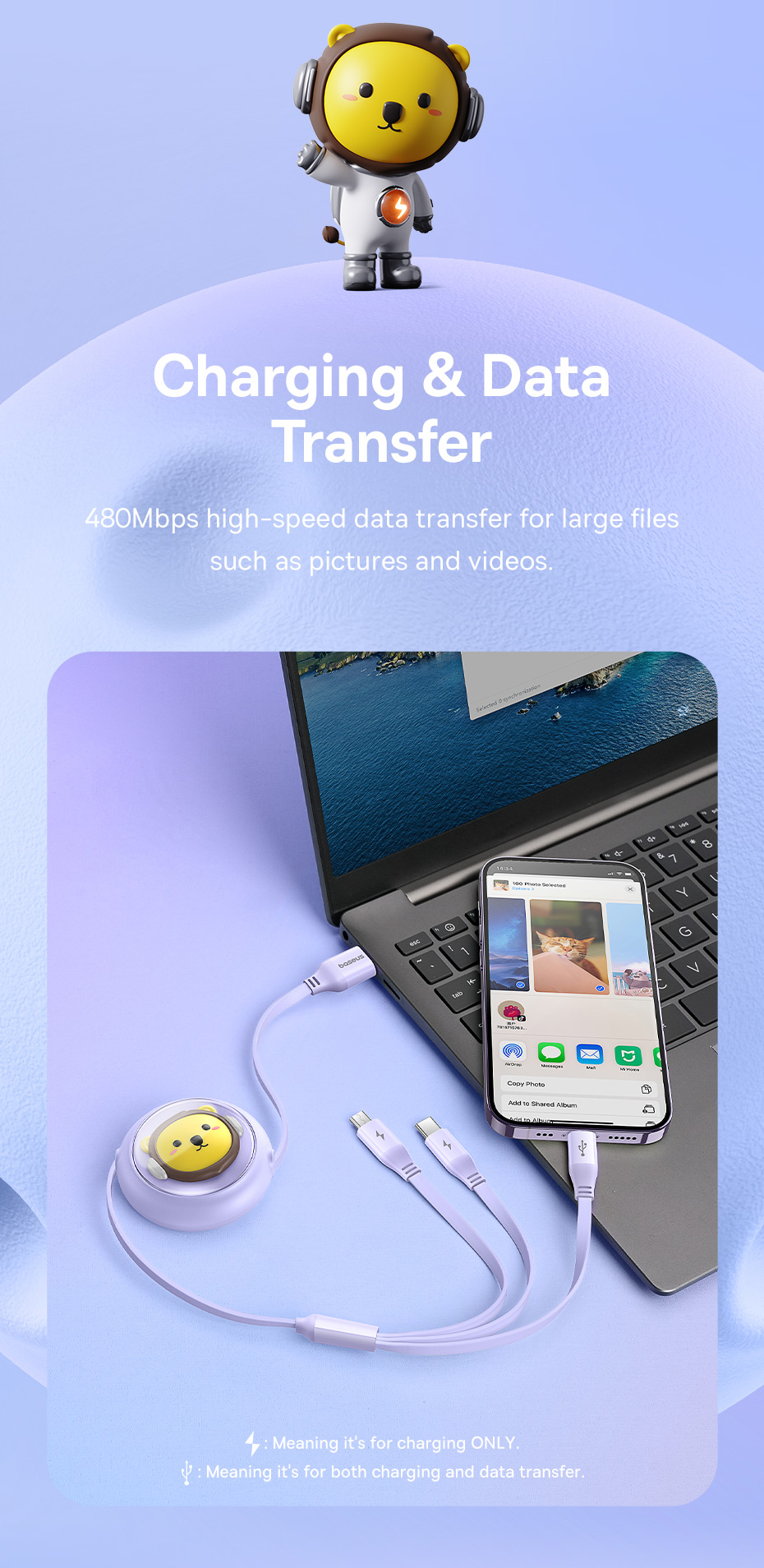 chube Cáp sạc đa năng Baseus Leo 3 in 1 Micro Lightning Type C rút gọn