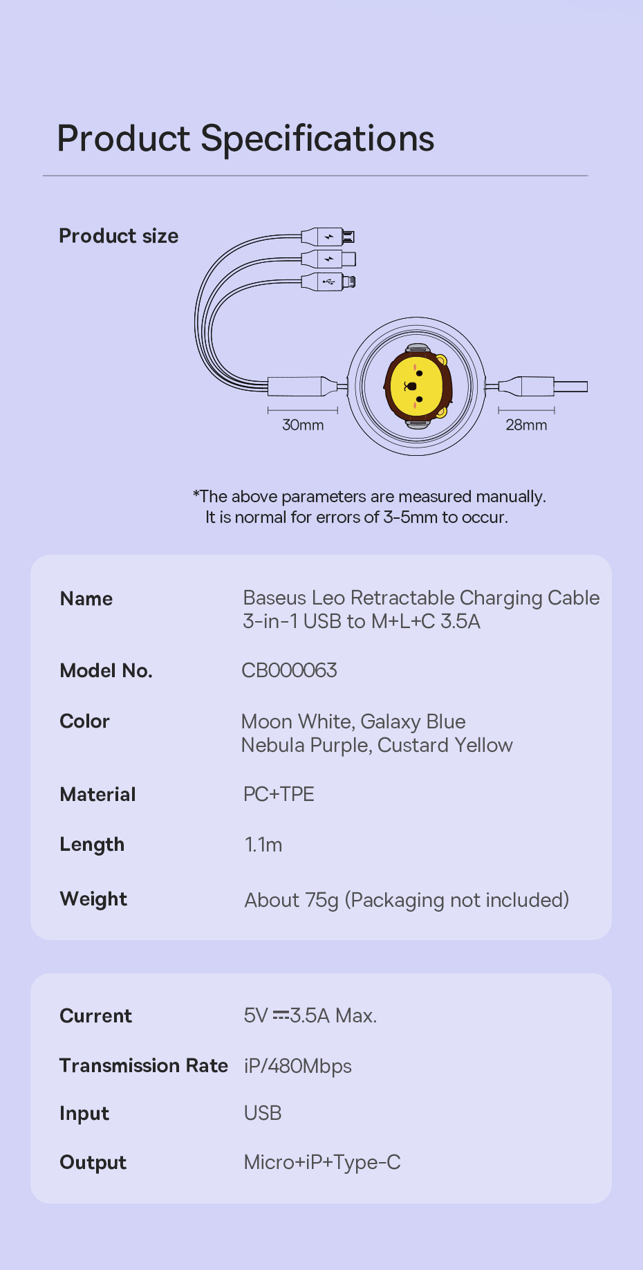 chube Cáp sạc đa năng Baseus Leo 3 in 1 Micro Lightning Type C rút gọn