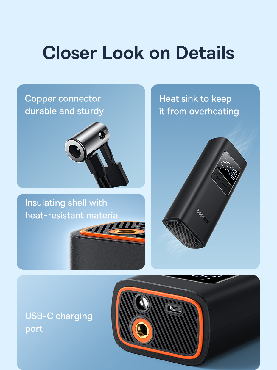 Máy Bơm Lốp Ô Tô Không Dây Baseus SuperMini Pro 50W 4000mAh - Các đầu bơm và phụ kiện được sắp xếp gọn gàng