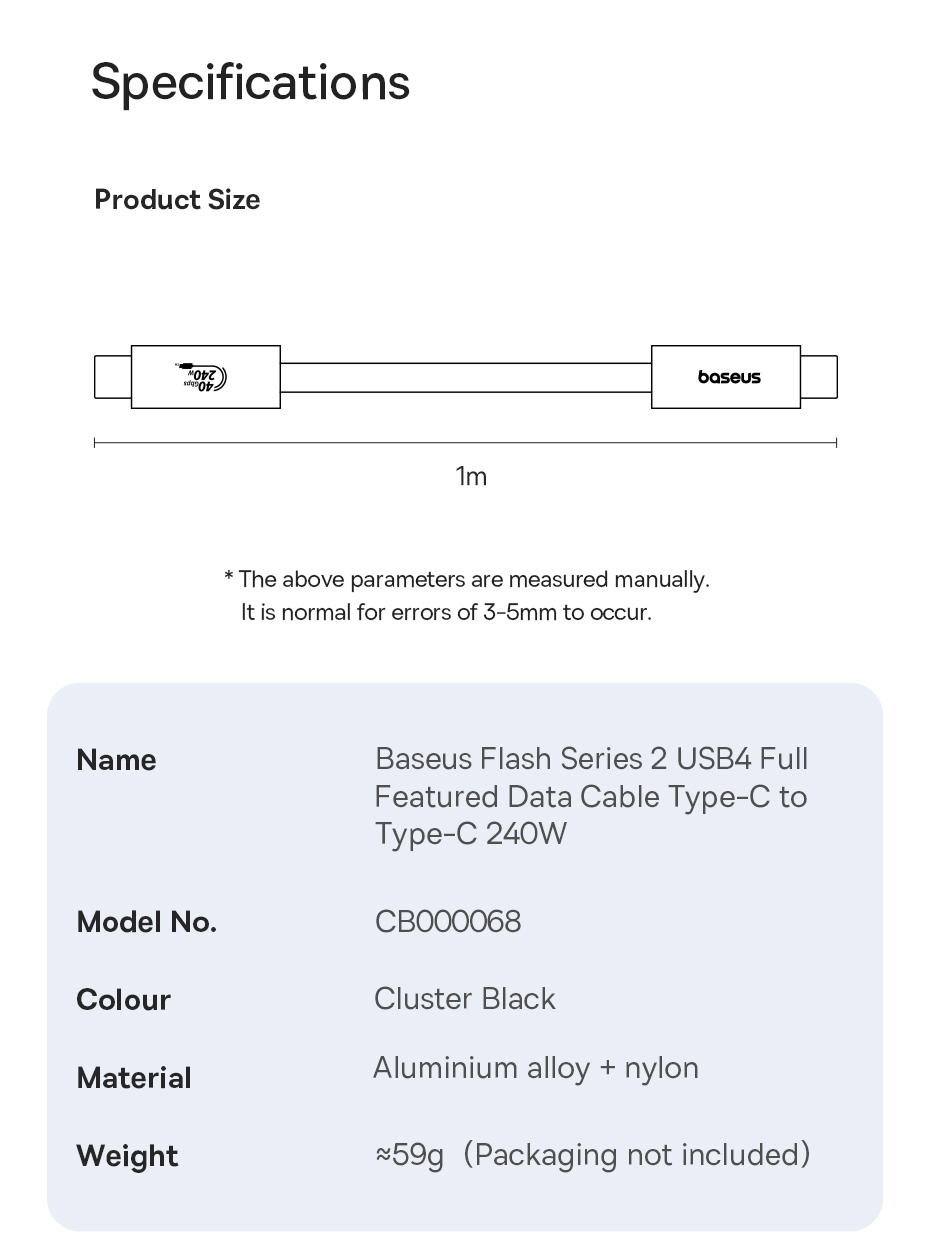 chube Cáp dữ liệu 240W 40gbps Baseus Flash Series 2 USB4 C to C