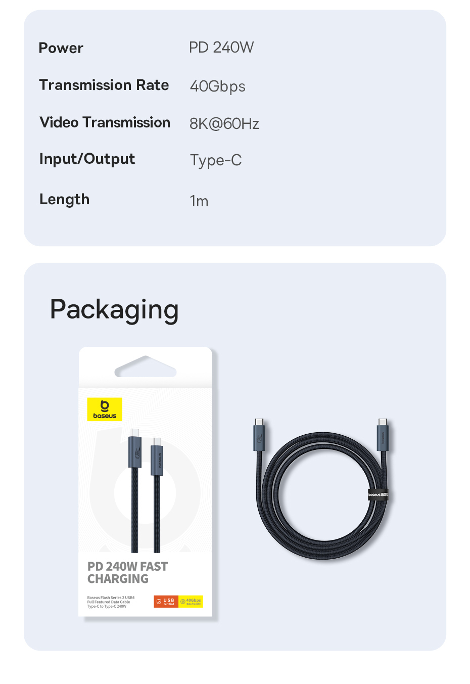 chube Cáp dữ liệu 240W 40gbps Baseus Flash Series 2 USB4 C to C