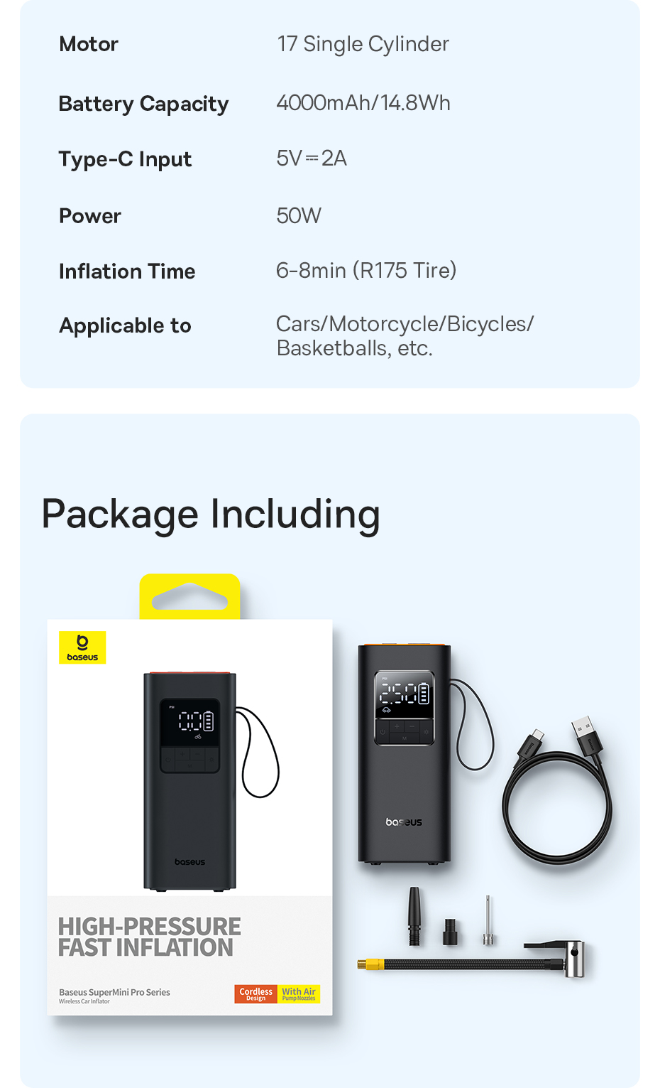 Máy Bơm Lốp Ô Tô Không Dây Baseus SuperMini Pro 50W 4000mAh - Thao tác bơm lốp đơn giản, phù hợp cho cả người mới sử dụng