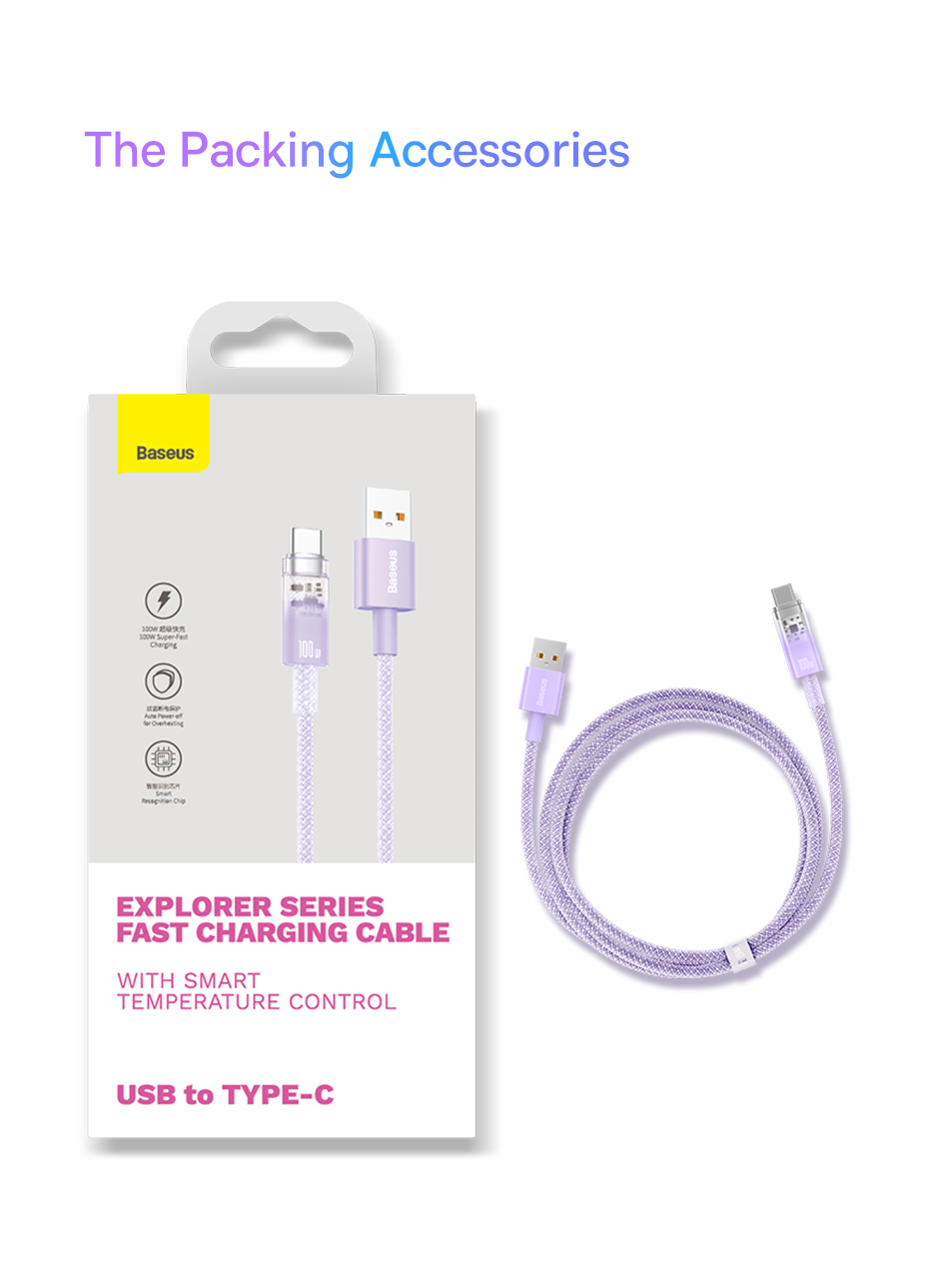 chube Cáp sạc tự ngắt Baseus Explorer Series USB to Type C 100w kiểm soát nhiệt thông minh