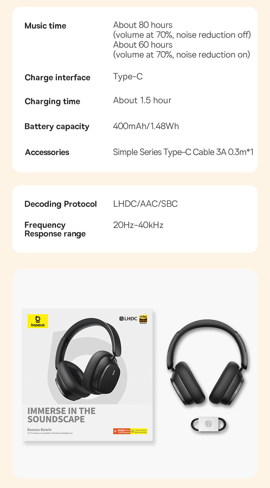 chube Tai nghe chụp tai Baseus Bowie H1 Pro Noise-Cancellation Wireless Headphones