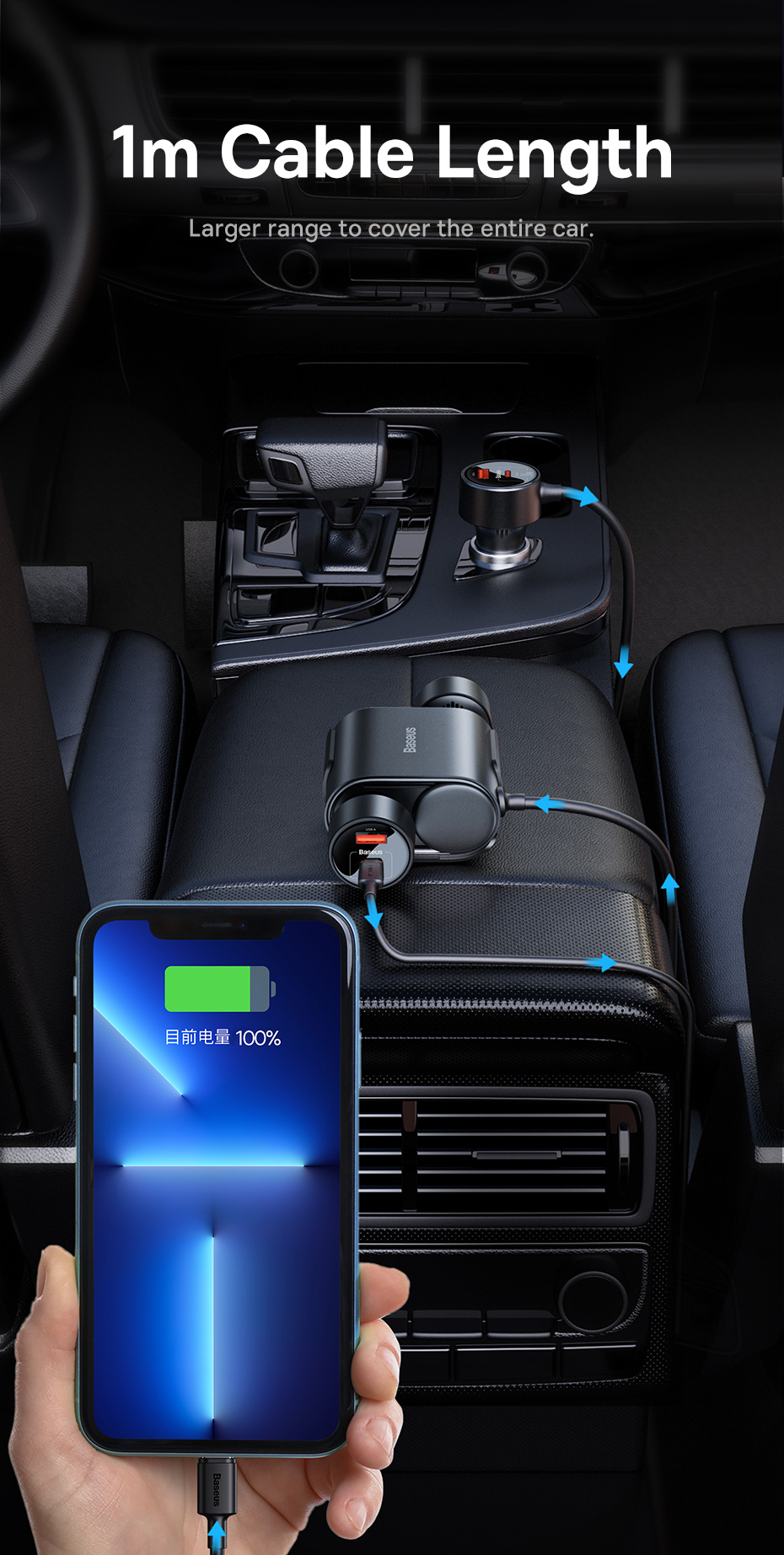 chube Tẩu sạc ô tô nối dài Baseus Car Cigarette Lighter 30W