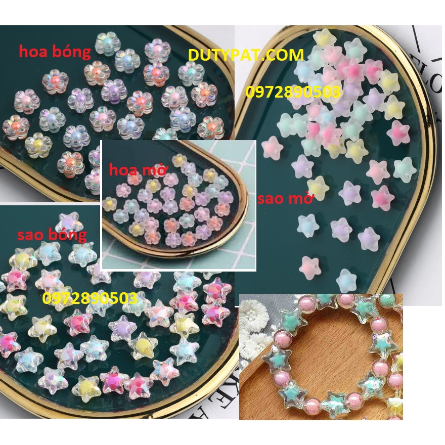 5-20 hạt nhựa ngôi sao, hoa 5 cánh, hạt nhân mờ, hạt nhân bóng 12mm có lổ xỏ làm vòng, trang trí handmade tùy thích