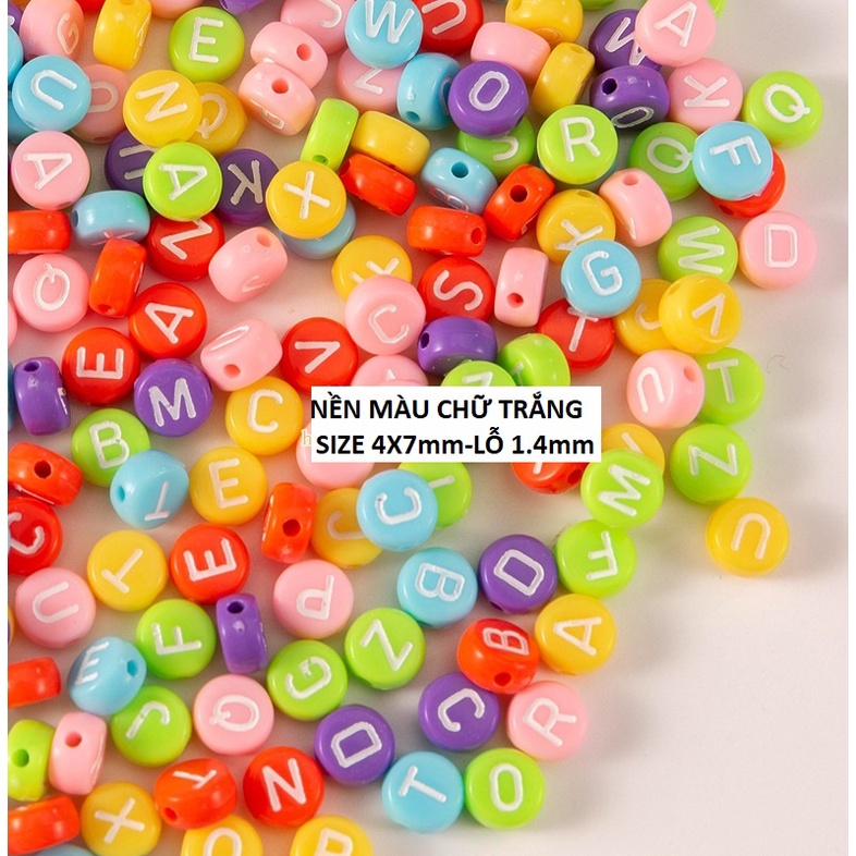 50gam hạt chữ cái , chữ số tròn dẹp đủ màu size 4x7mm, 6x10mm làm vòng hạt