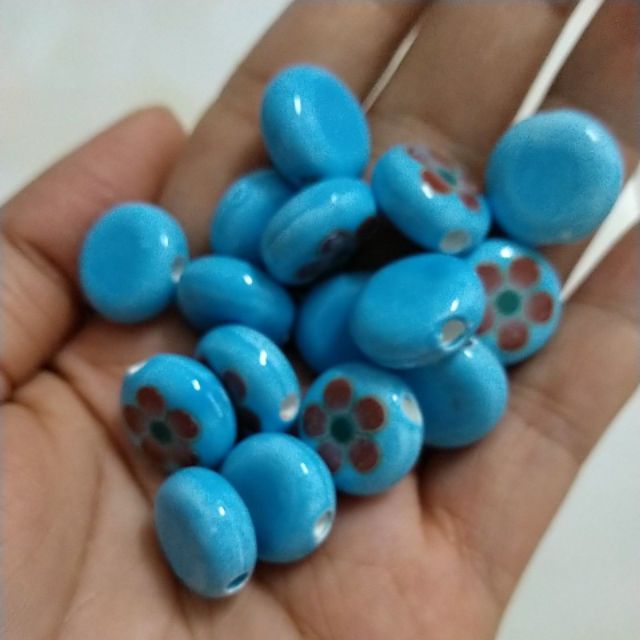 5 viên gốm sứ xanh in hoa 15mm