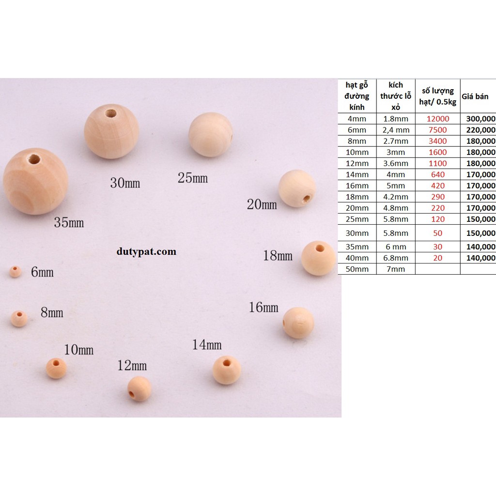0.5kg Hạt gỗ tròn có lỗ xỏ đủ size 4mm-6mm-8mm-10mm-12mm-14mm-16mm-18mm-20mm-25mm-30mm-35mm-40mm
