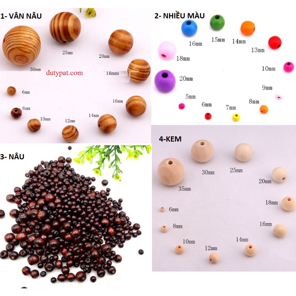hạt gỗ các loại đủ size nhỏ 4mm-6mm-8mm-10mm-12mm-14mm gói từ 10gam