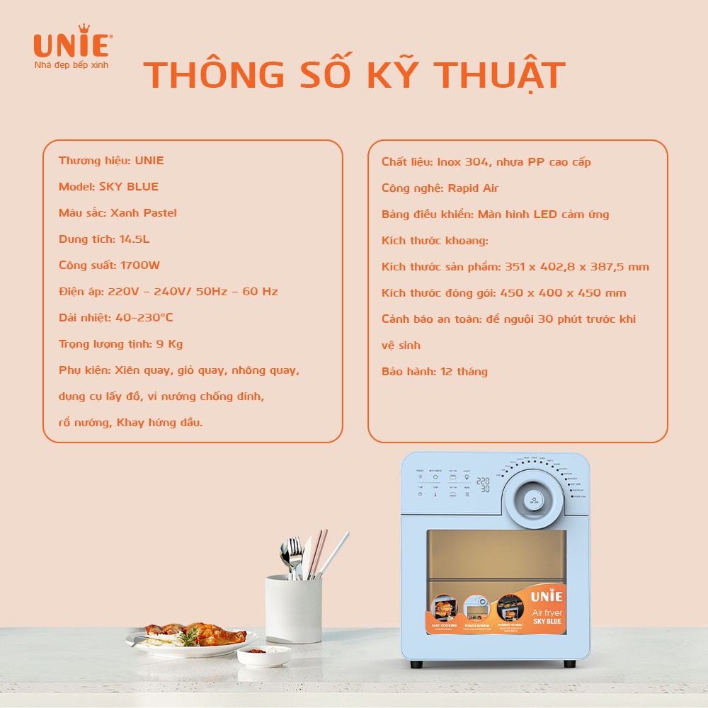NỒI CHIÊN KHÔNG DẦU 14.5 lit UNIE SKY BLUE 1700w