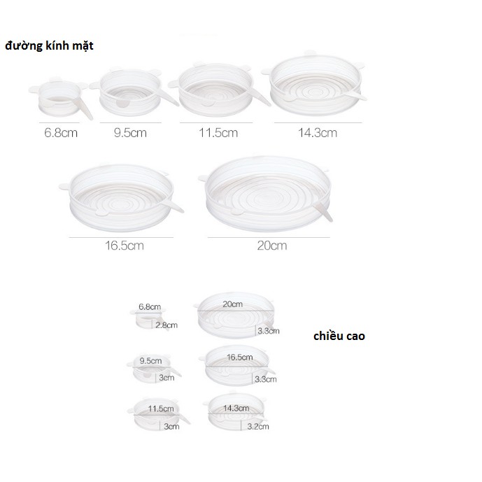Set 6 Miếng Nắp Đậy Silicon Co Giãn - Bọc Chén, Bát, Thực Phẩm Cần Bảo Quản