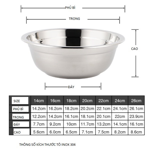 TÔ BÁT INOX 304 BỀN ĐẸP SIZE 14-16-18-20CM
