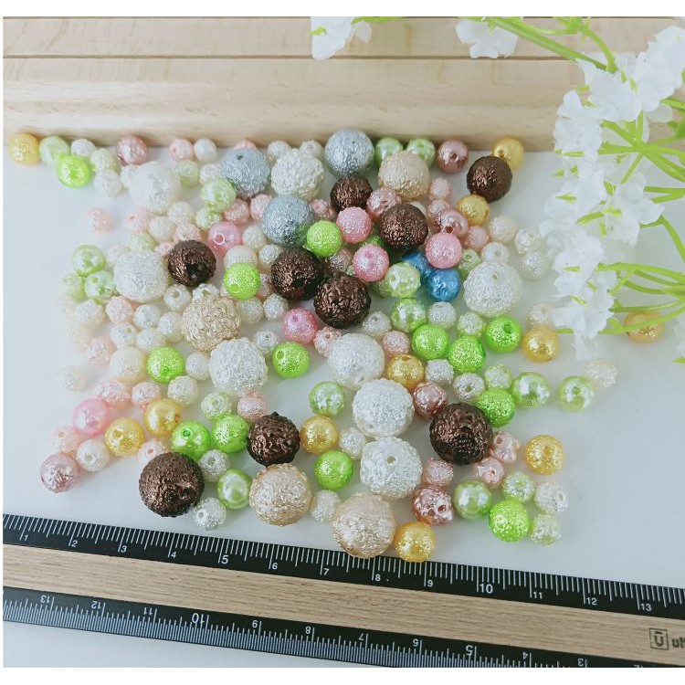 10-50g hạt bẹt, hạt cườm, hạt châu, hạt nhựa kiểu nhăn hỗn hợp size 6-12ly