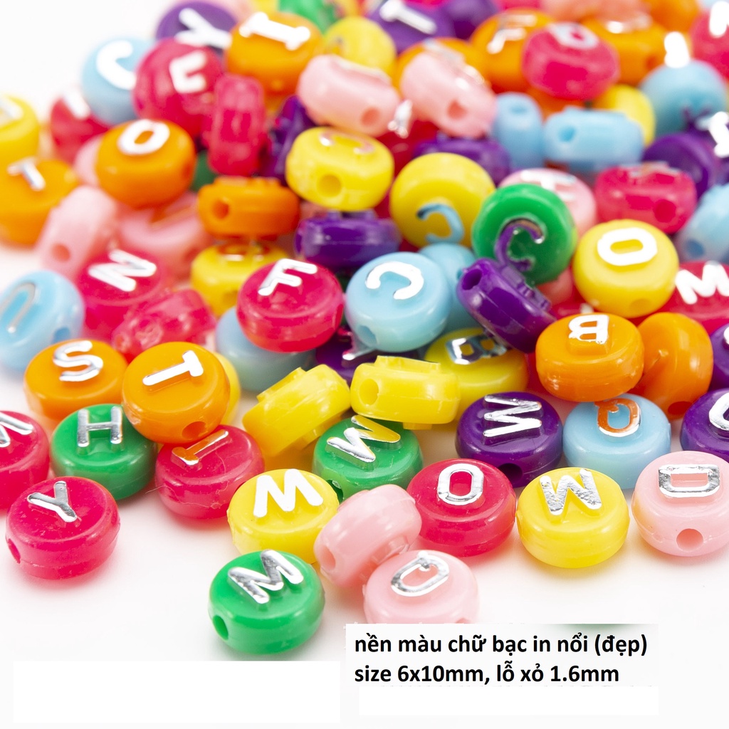 50gam hạt chữ cái , chữ số tròn dẹp đủ màu size 4x7mm, 6x10mm làm vòng hạt