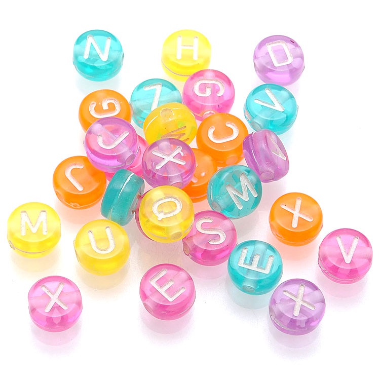 50gam hạt chữ cái , chữ số tròn dẹp đủ màu size 4x7mm, 6x10mm làm vòng hạt