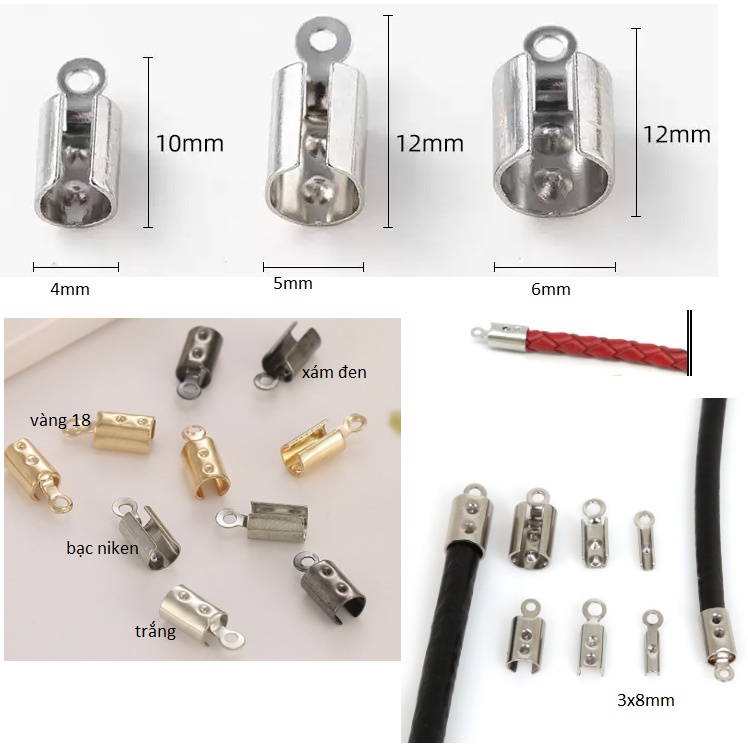 gói 50 chốt kẹp đầu dây làm vòng tay, vòng cổ dạng tròn đủ size 3mm, 4mm, 5mm, 6mm (P182-26)