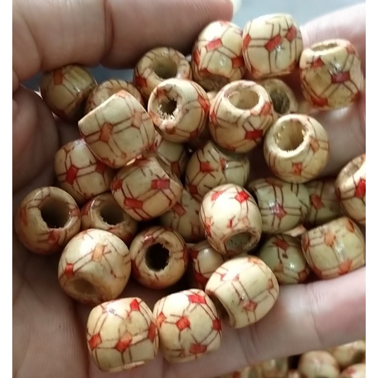 (p118-15) gói 10 -50 hạt gỗ in hoa văn 12mm lỗ lớn 6.8mm