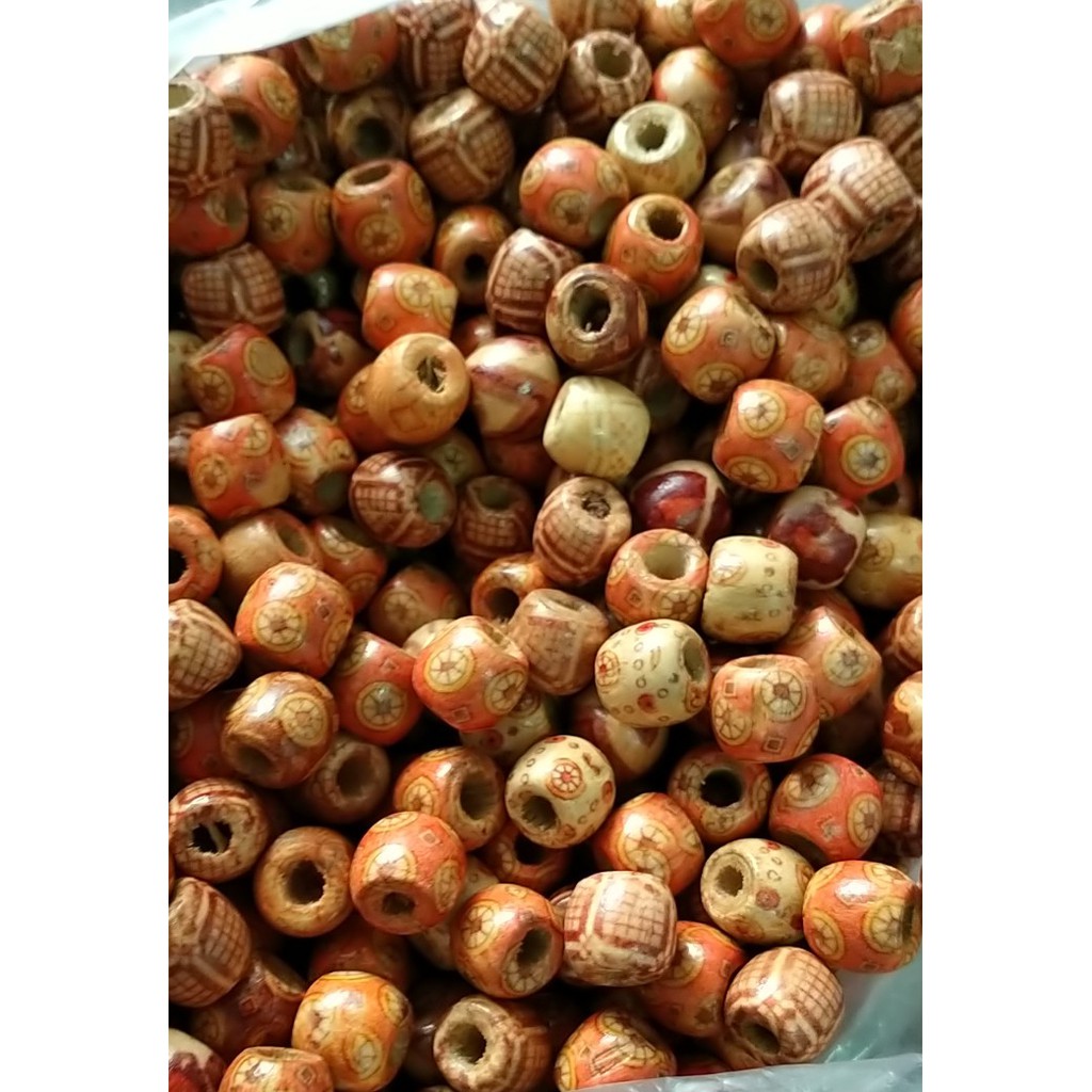 (p118-15) gói 10 -50 hạt gỗ in hoa văn 12mm lỗ lớn 6.8mm