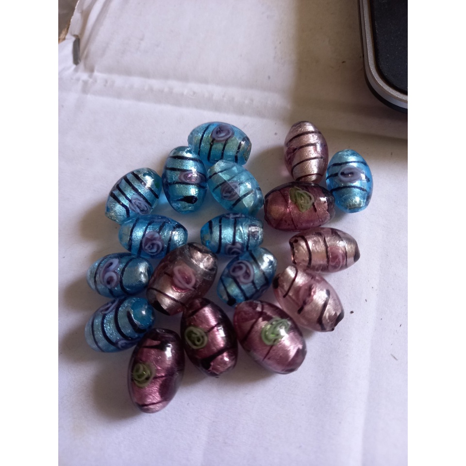 2-10 viên lu thống ,charm thủy tinh 11x17mm in hoa văn lỗ xỏ 2mm làm vòng handmade