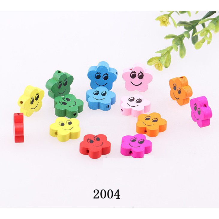 10 hạt hoa gỗ nhiều kiểu để chọn làm đồ chơi, trang sức, trang trí DIY -mã 2001-2007