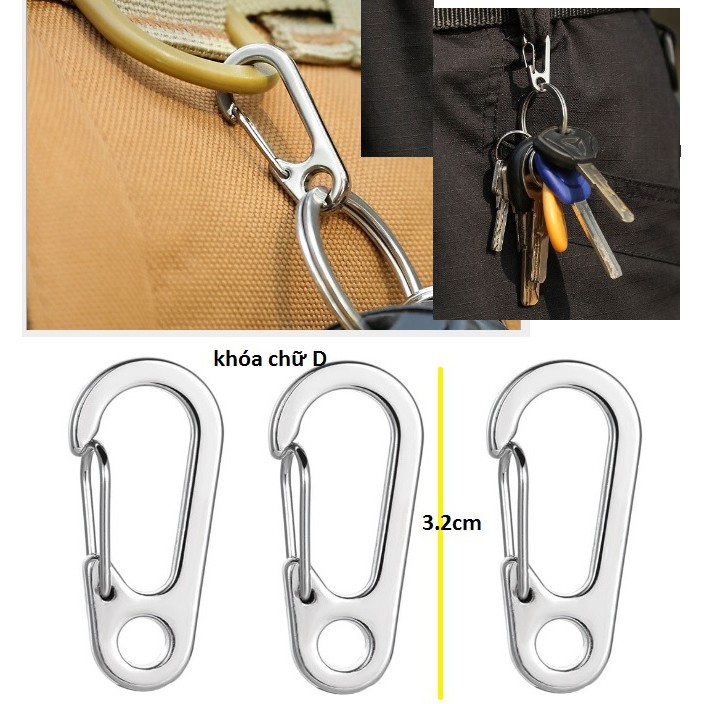 khóa chữ D dài 32mm (p168-8) chịu lực, móc treo chìa trên đai quần, móc làm lều cắm trại , dã ngoại