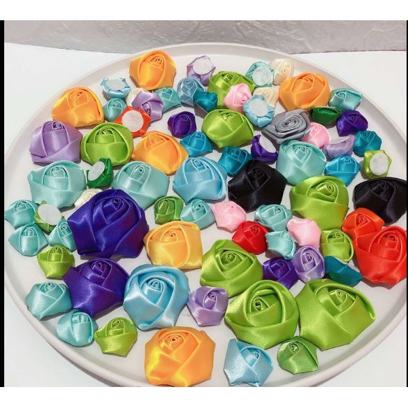 set 5-10 hoa vải satin, hoa hồng vải từ 2-4cm nhiều màu ngẫu nhiên  đính áo, trang trí handmade