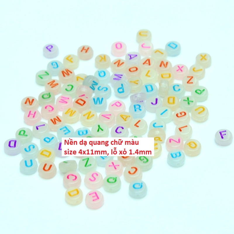 50gam hạt chữ cái , chữ số tròn dẹp đủ màu size 4x7mm, 6x10mm làm vòng hạt