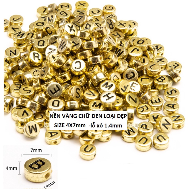 50gam hạt chữ cái , chữ số tròn dẹp đủ màu size 4x7mm, 6x10mm làm vòng hạt