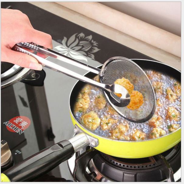 Vợt kẹp vớt đồ chiên ráo dầu kèm rây lưới vớt bọt, lọc dầu, lọc nước làm bằng thép, muôi gắp p191-60